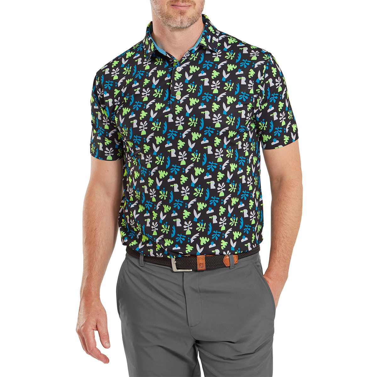 FootJoy Men’s Jungle Leaves Golf Polo Shirt, Mens, Black/white/pool/plam green, Small | American Golf