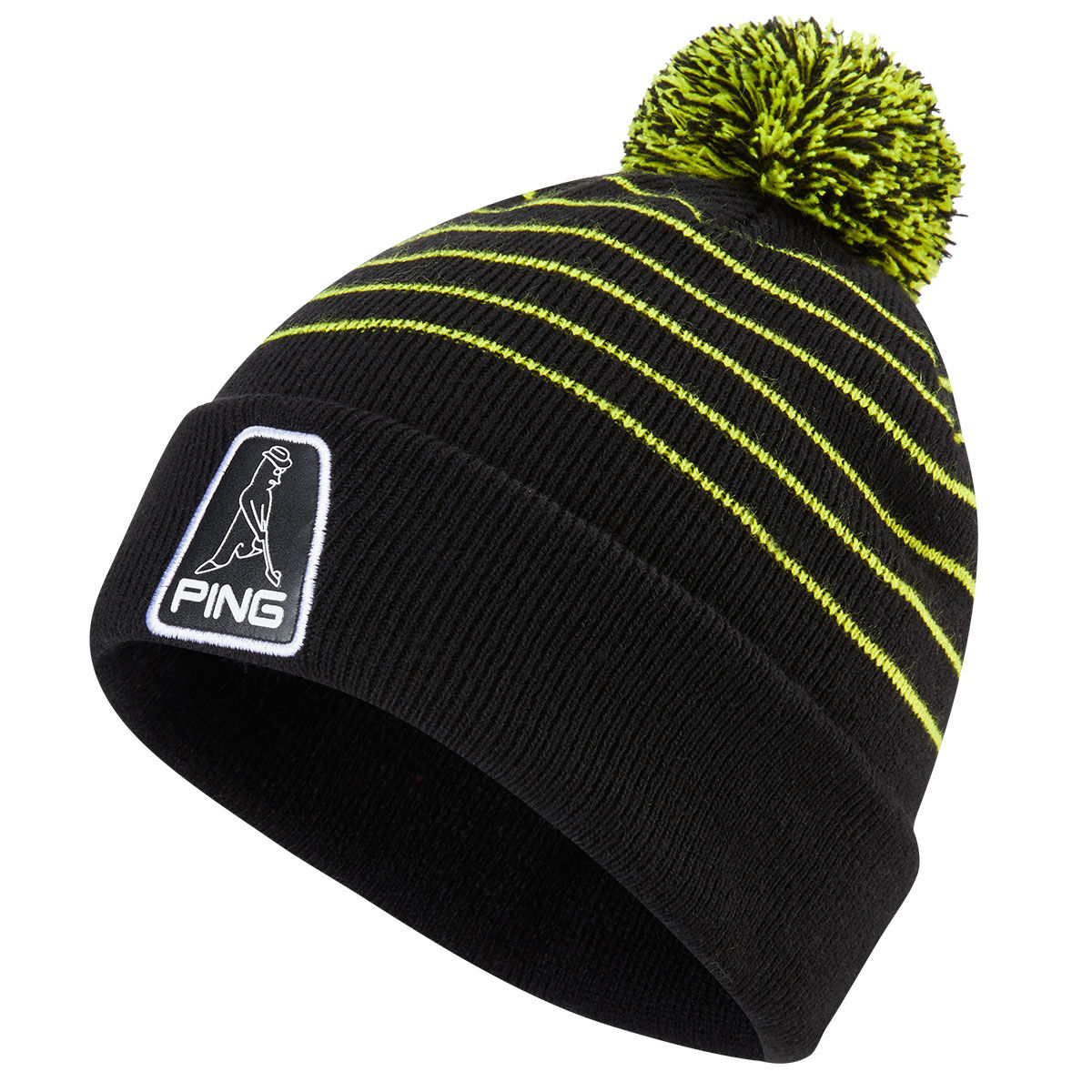 PING Men’s Mr Ping Bobble Hat, Mens, Black/neon yellow, One size | American Golf