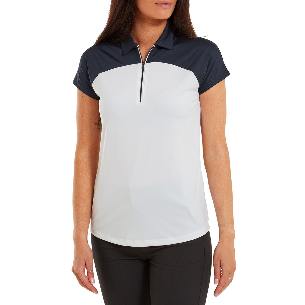 FootJoy Womens Cap Sleeve Colour Block Lisle Golf Polo Shirt, Female, Navy/white, Medium | American Golf