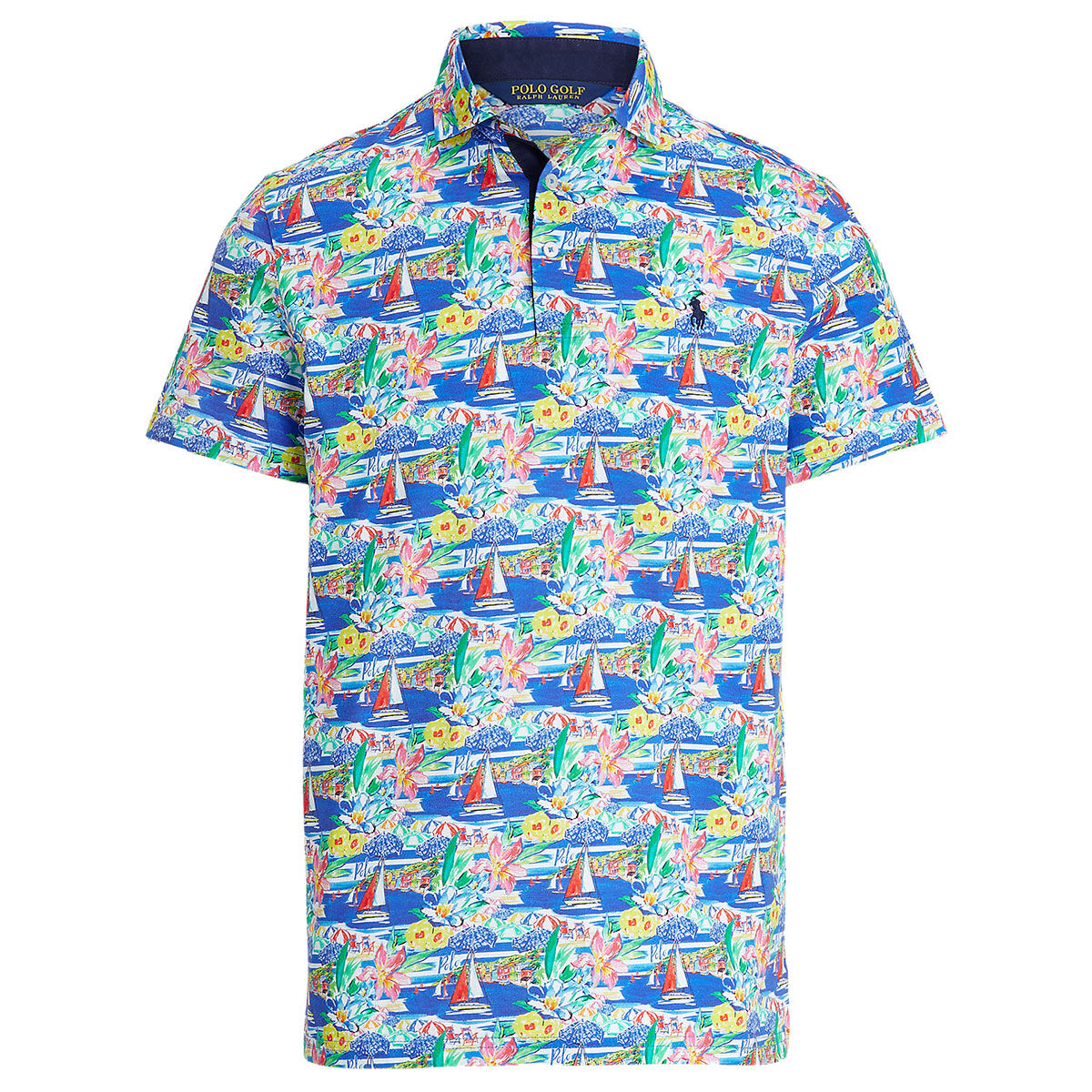 Ralph Lauren Mens Blue, Green Custom Slim Fit Riviera Print Jersey Golf Polo Shirt, Male, Sur La Plage, Size: Small | American Golf