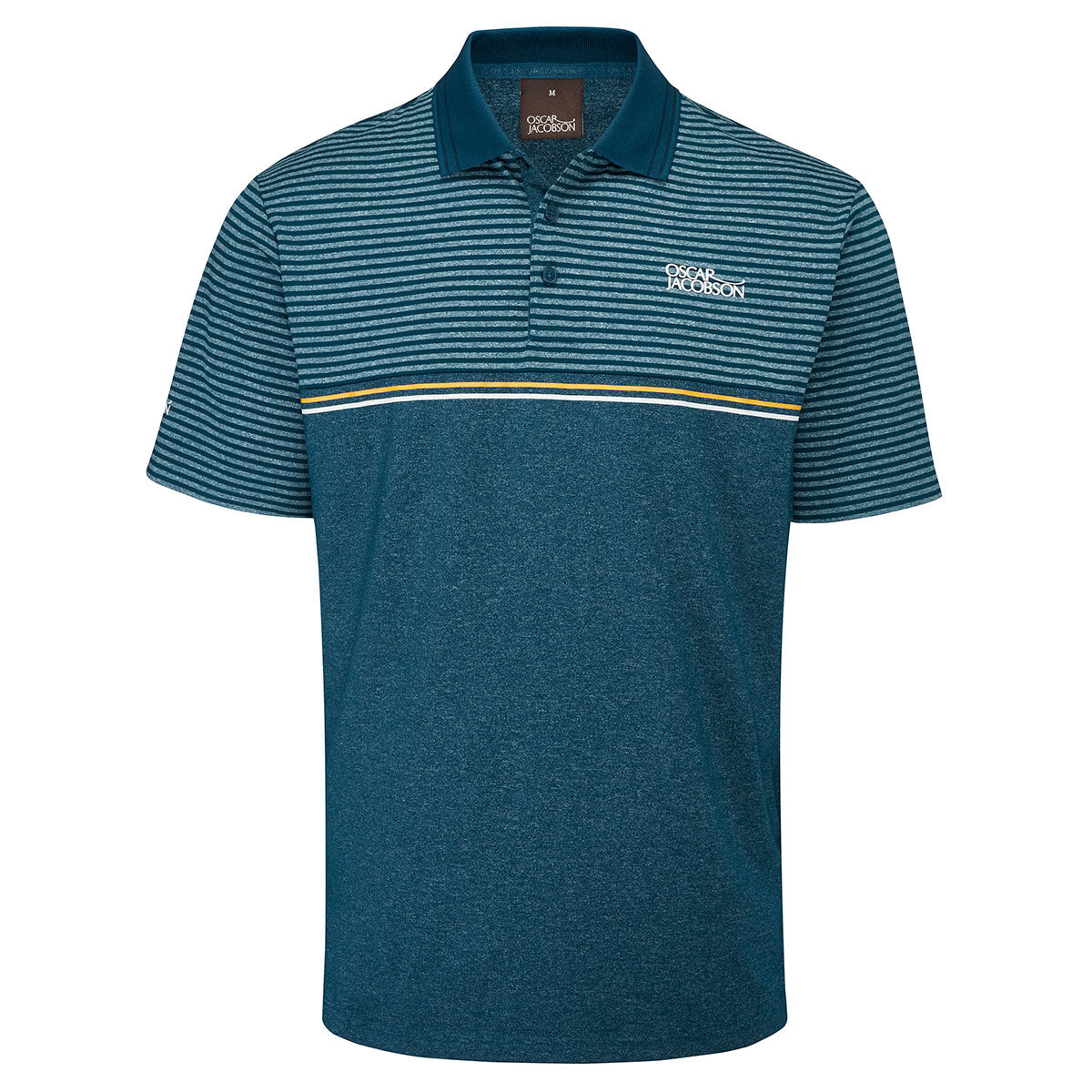 Oscar Jacobson Mens Blue, White and Yellow Lightweight Stripe Whitby Golf Polo Shirt, Size: Small | American Golf