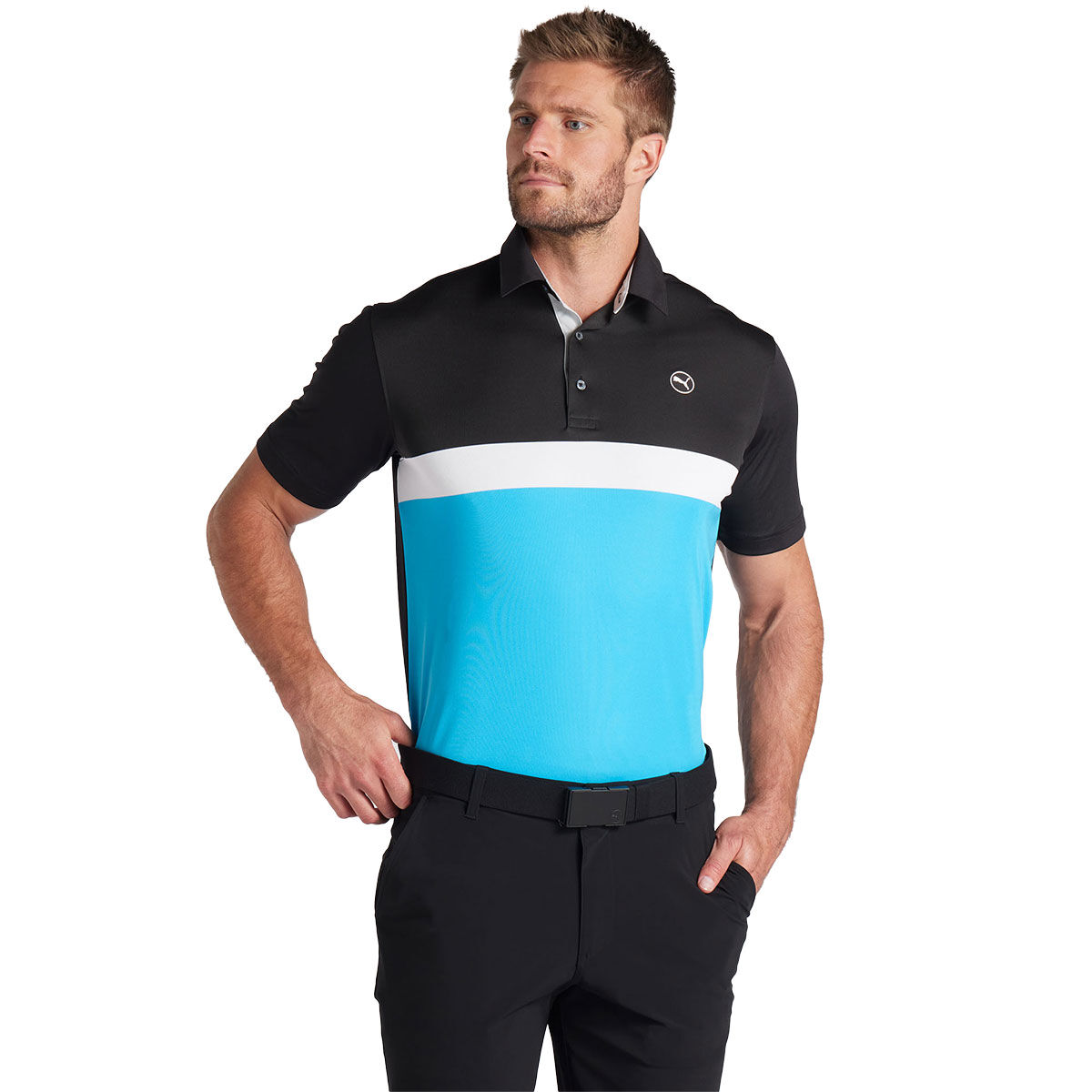 PUMA Men’s Pure Colourblock Golf Polo Shirt, Mens, Black/aqua, Small | American Golf