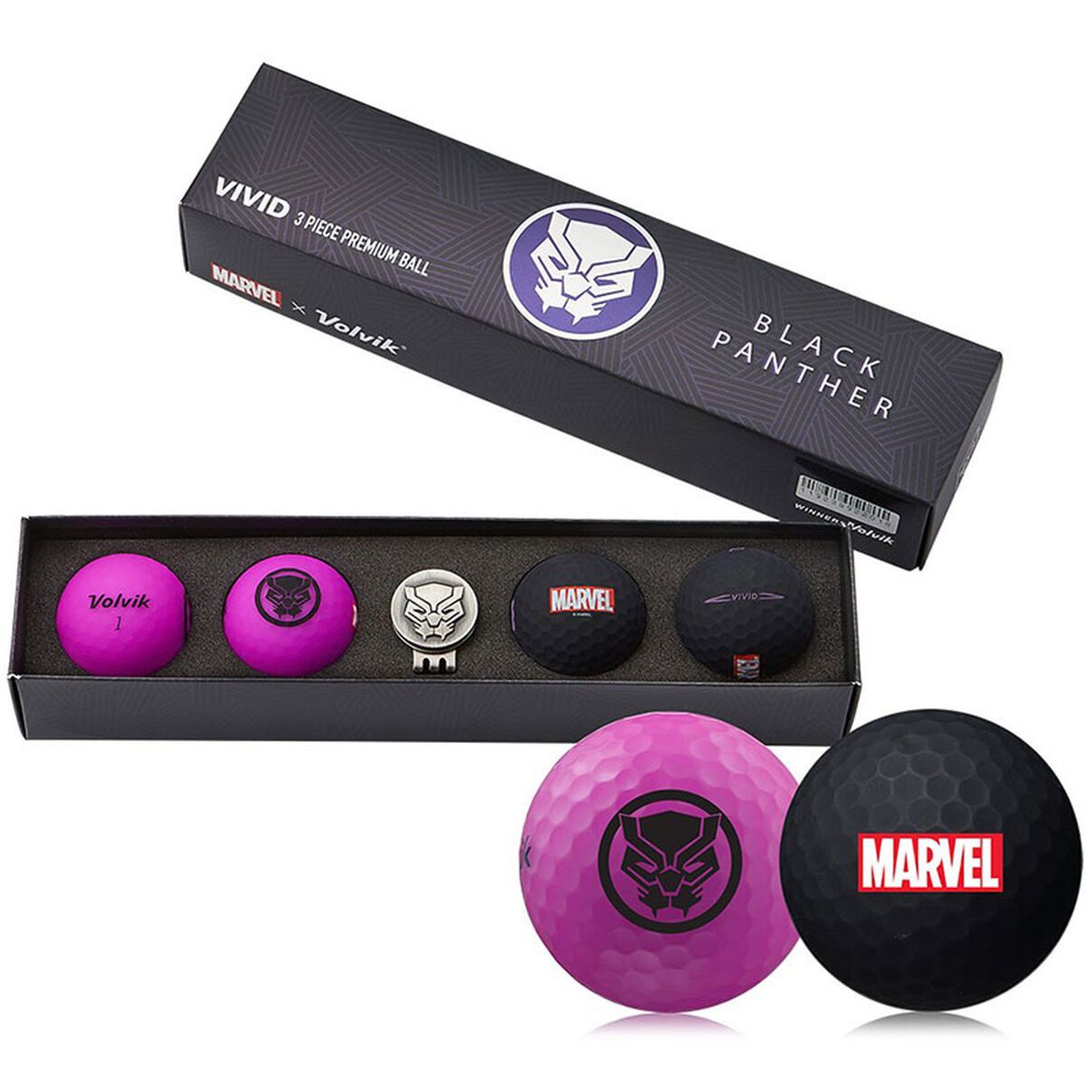 Volvik Black and Purple Panther Print Marvel 4 Pack of Golf Balls with Marker, Size: One Size  | American Golf