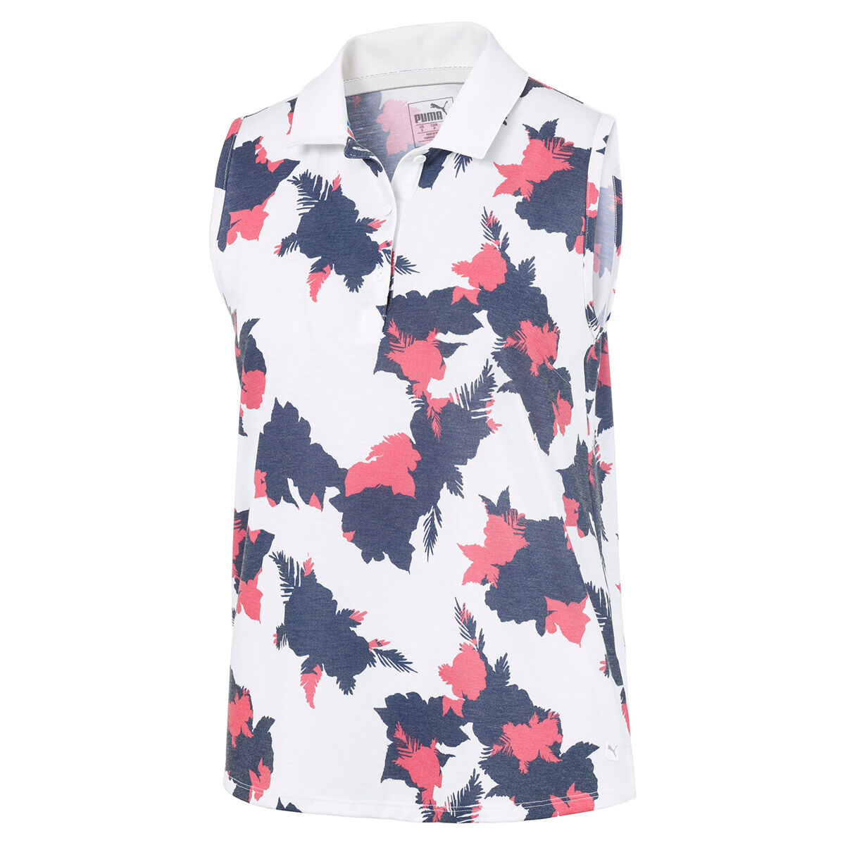 Puma Golf Womens White, Blue And Pink Comfortable Floral Print Sleeveless Golf Polo Shirt, Size: S | American Golf