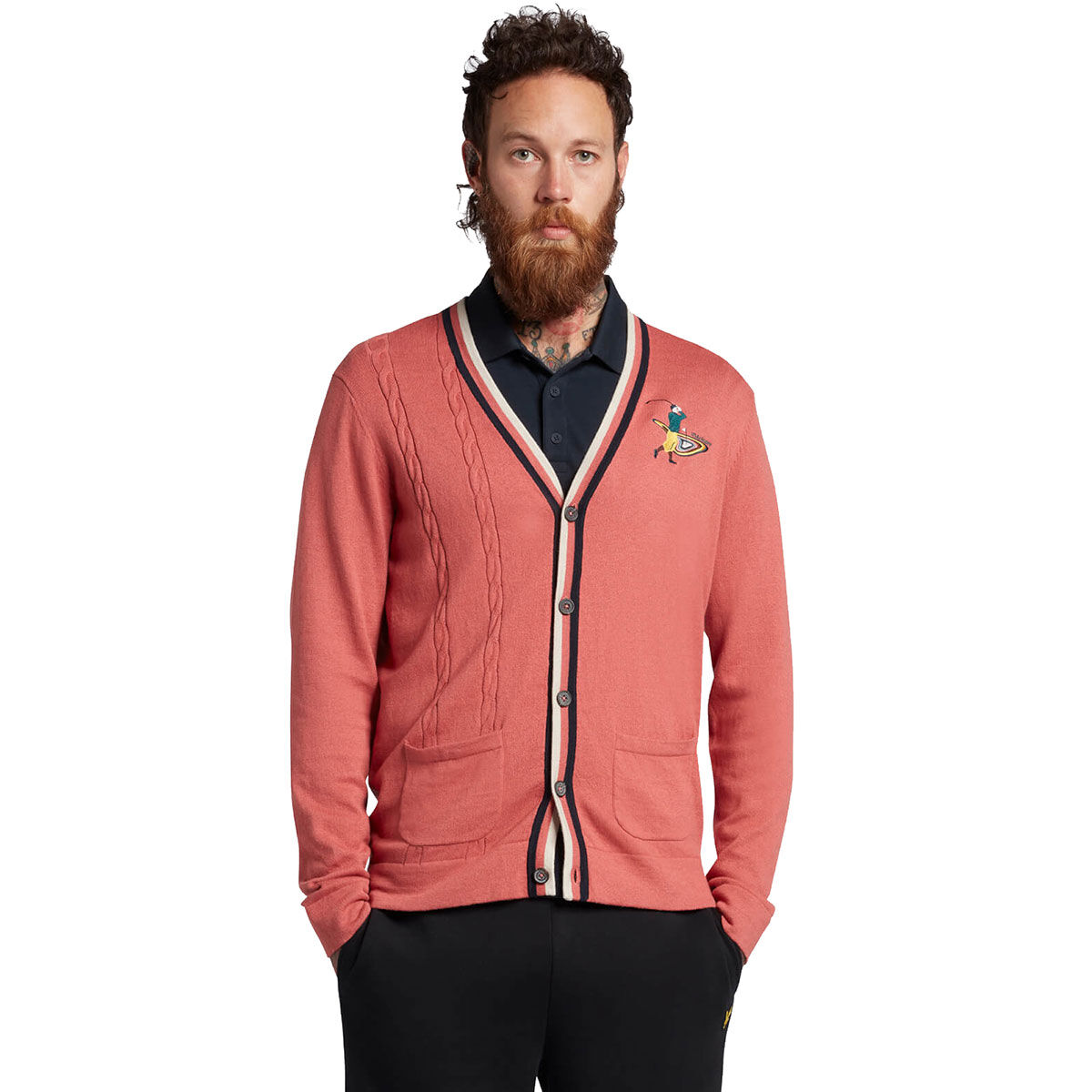 Lyle & Scott Red, Black and White Comfortable Striped Men`s The Gregor Golf Cardigan, Size: Small | American Golf