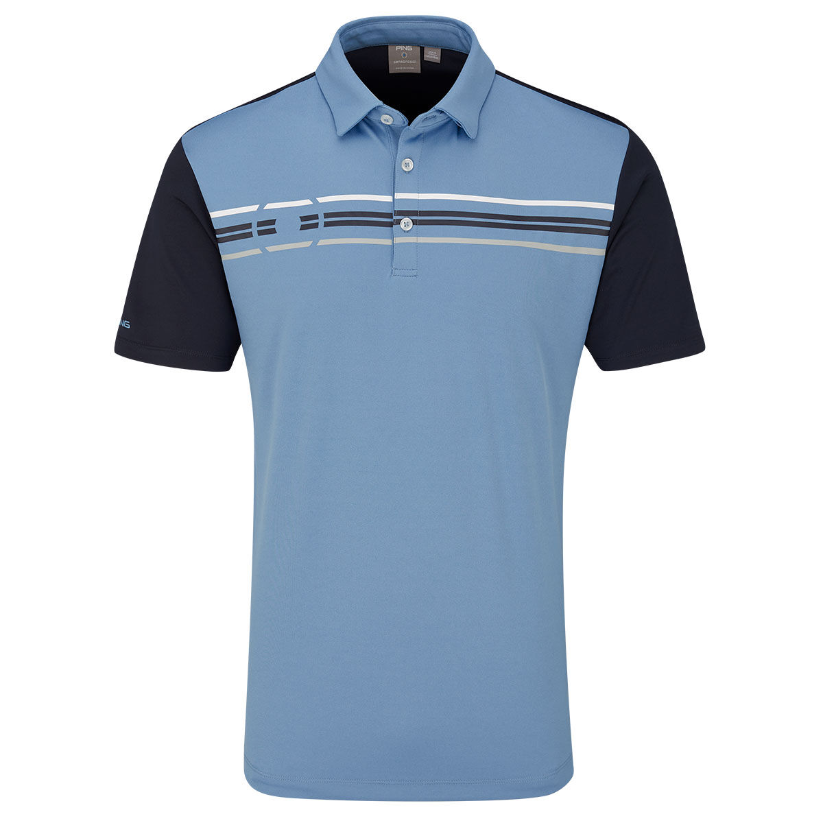 PING Men’s Light Blue, White and Navy Blue Stylish Stripe Morten Golf Polo Shirt, Size: Large | American Golf