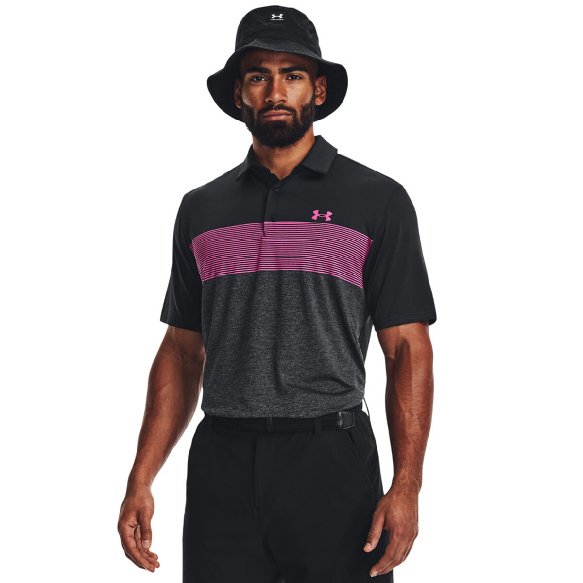 Under Armour Men’s Playoff 3.0 Low Round Stripe Golf Polo Shirt, Mens, Black/jet gray/rebel pink, Medium | American Golf