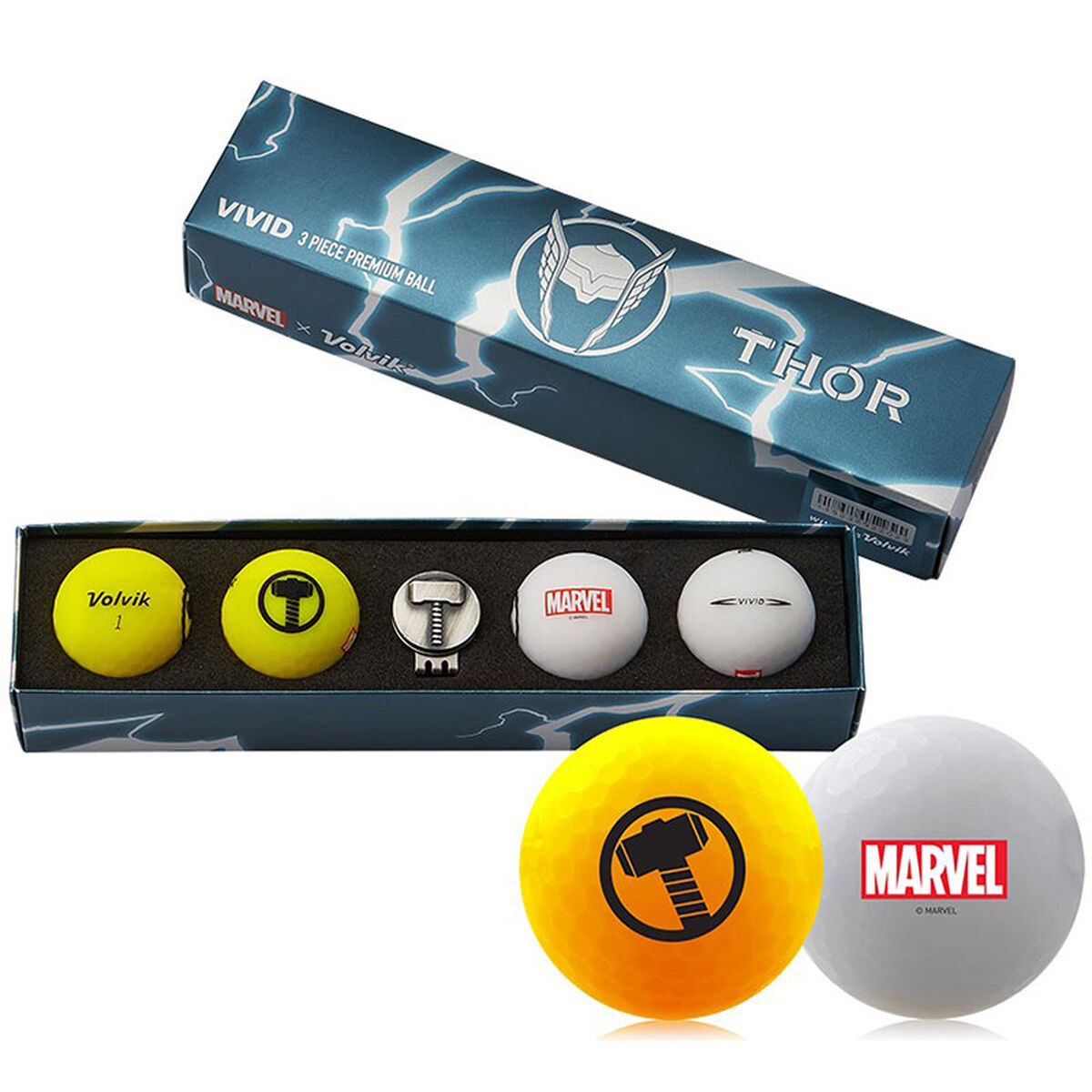 Volvik Yellow, White and Black Thor Print Marvel 4 Pack of Golf Balls with Marker, One Size | American Golf