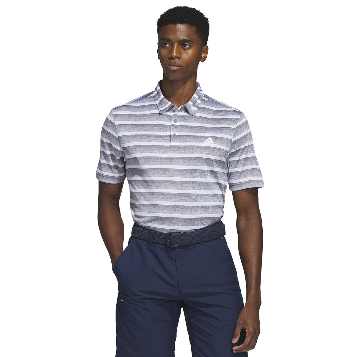 adidas Golf Men’s Grey and White Comfortable Two-Colour Striped Golf Polo Shirt, Size: L | American Golf