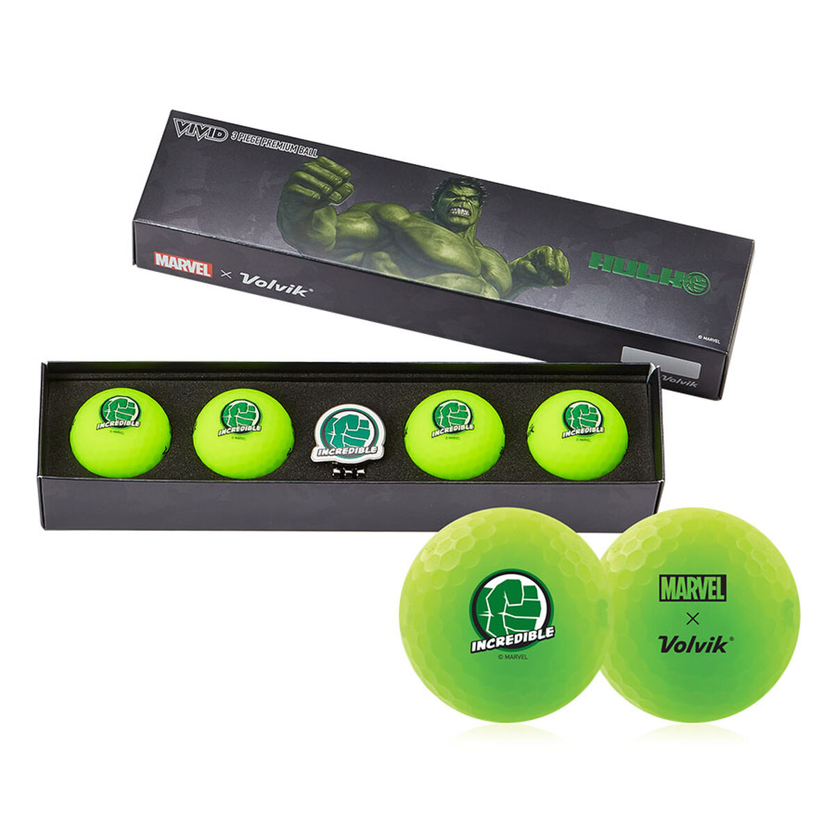 Volvik Marvel 4 Golf Ball Pack & Marker, Mens, Hulk | American Golf