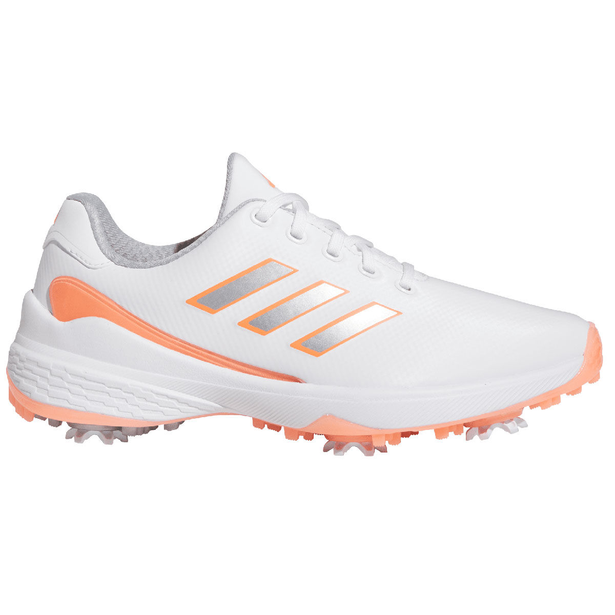 adidas Womens ZG23 Lightstrike Waterproof Spiked Golf Shoes, Female, White/silver/coral, 4 | American Golf