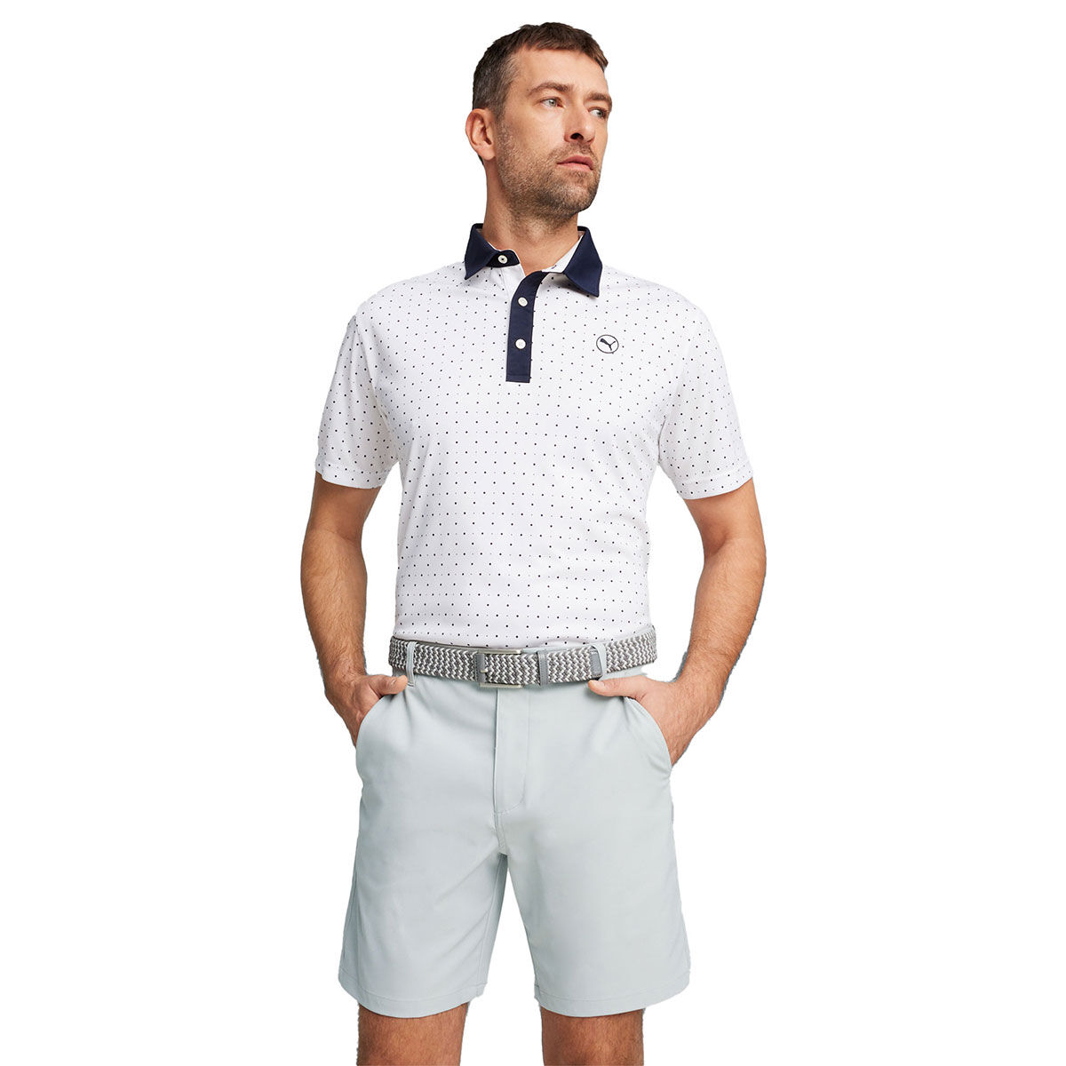 PUMA Men’s Pure Geo Golf Polo Shirt, Mens, White glow/deep navy, Small | American Golf
