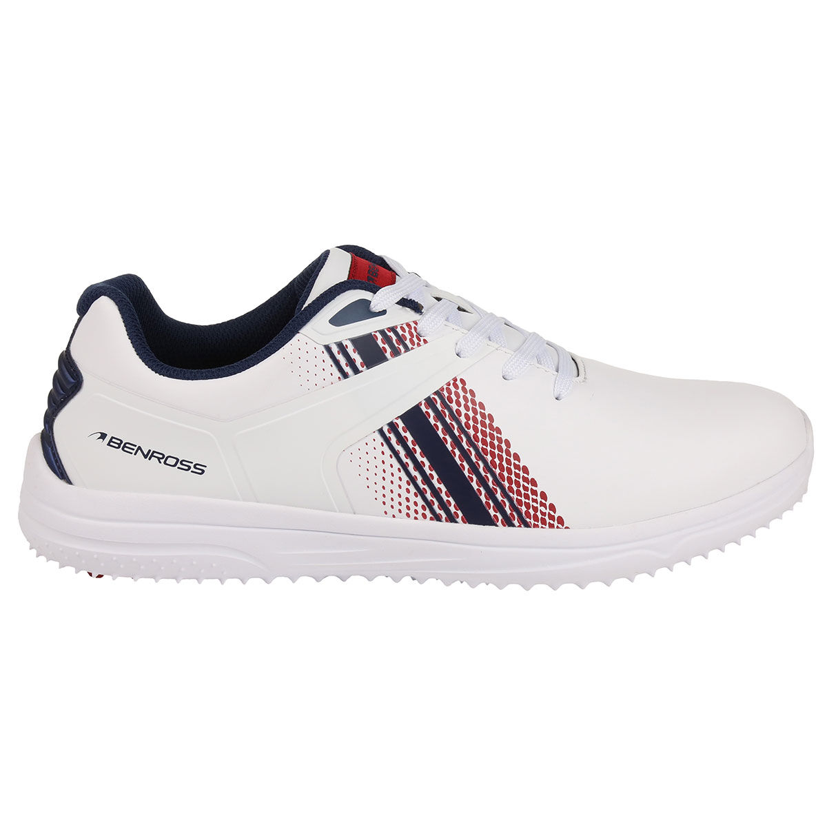 Benross Men’s White, Navy Blue and Red Stylish Stripe Dynamo Waterproof Spikeless Golf Shoes, Size: 9 | American Golf
