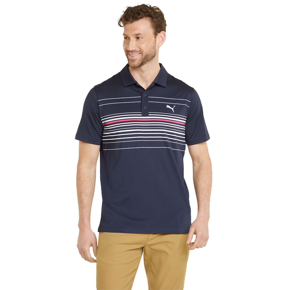 PUMA Golf Men’s Navy Blue and Pink Comfortable Stripe Mattr Canyon Golf Polo Shirt, Size: Small | American Golf