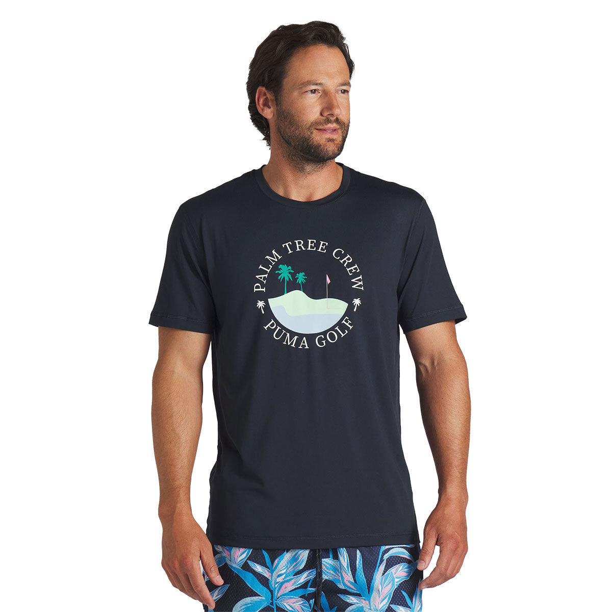PUMA Men’s Palm Tree Crew Island Golf T-Shirt, Mens, Deep navy, Small | American Golf