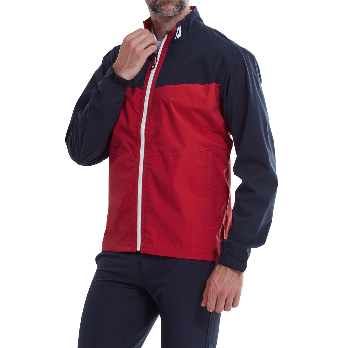 FootJoy Mens Navy Blue, Red And White Waterproof Colour Block HydroLite Rain Golf Jacket, Size: Small  | American Golf