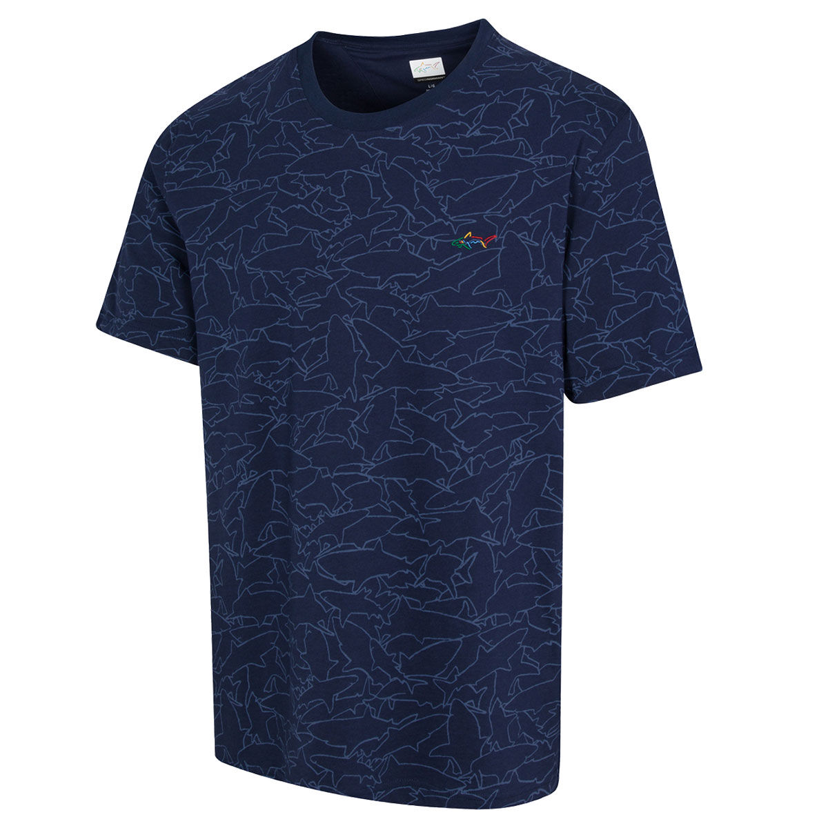 Greg Norman Men’s Shark Print Cotton Golf T-Shirt, Mens, Navy blue, Small | American Golf