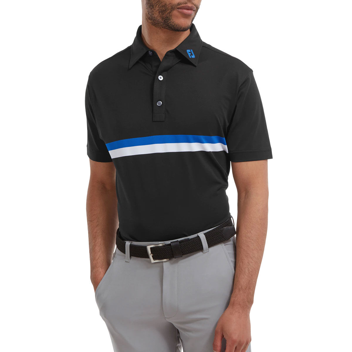 FootJoy Men’s Black, Blue and White Striped Double Chest Band Golf Polo Shirt, Size: Large | American Golf
