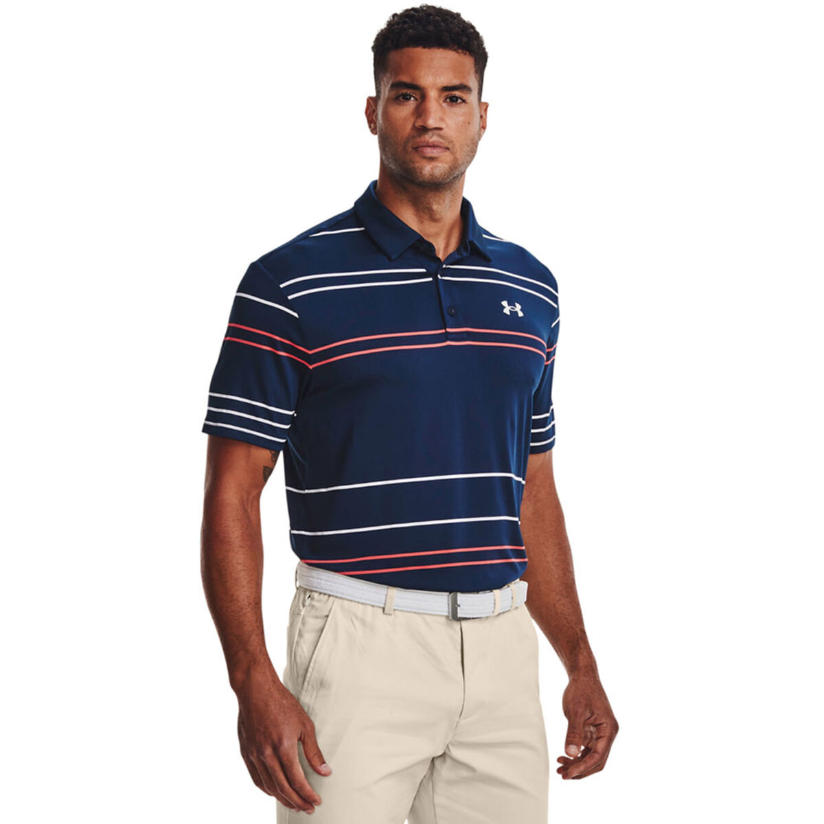 Under Armour Mens Blue, White and Red Playoff 2.0 Pitch Stripe Golf Polo Shirt, Size: Xs| American Golf