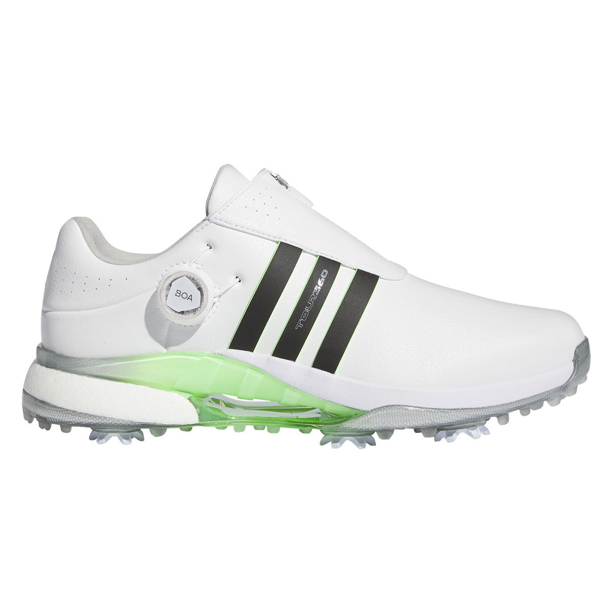 adidas Men’s Tour360 24 BOA Boost Waterproof Spiked Golf Shoes, Mens, White/core black/green spark, 8 | American Golf