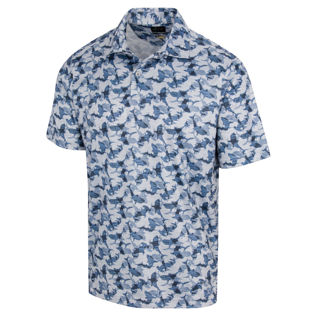 Greg Norman Men’s Blue and White Comfortable Shark Shiver Golf Polo Shirt, Size: Medium | American Golf