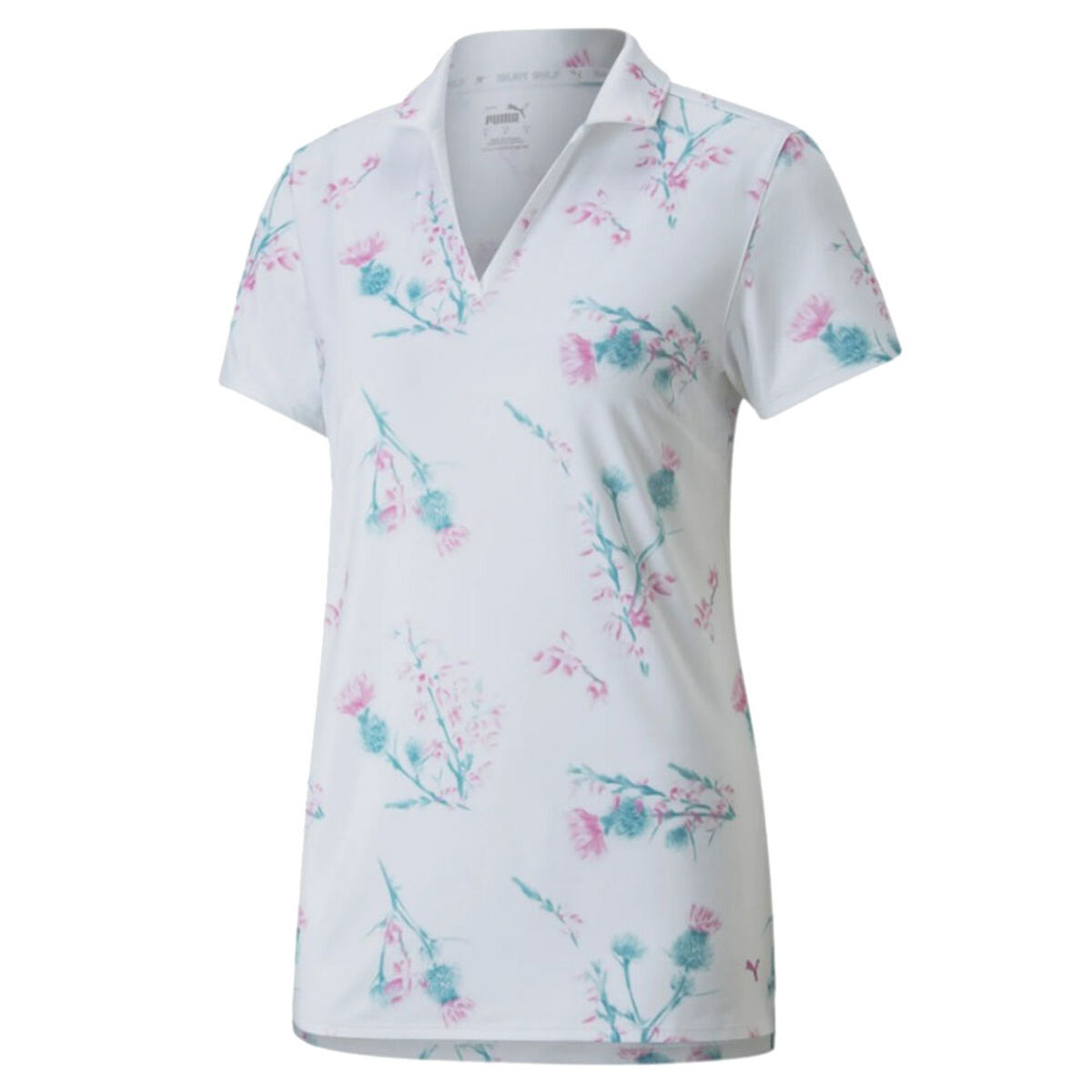 PUMA Golf Women’s White, Green and Pink Comfortable Floral Print MATTR Lowlands Stretch Golf Polo Shirt, Size: Small | American Golf