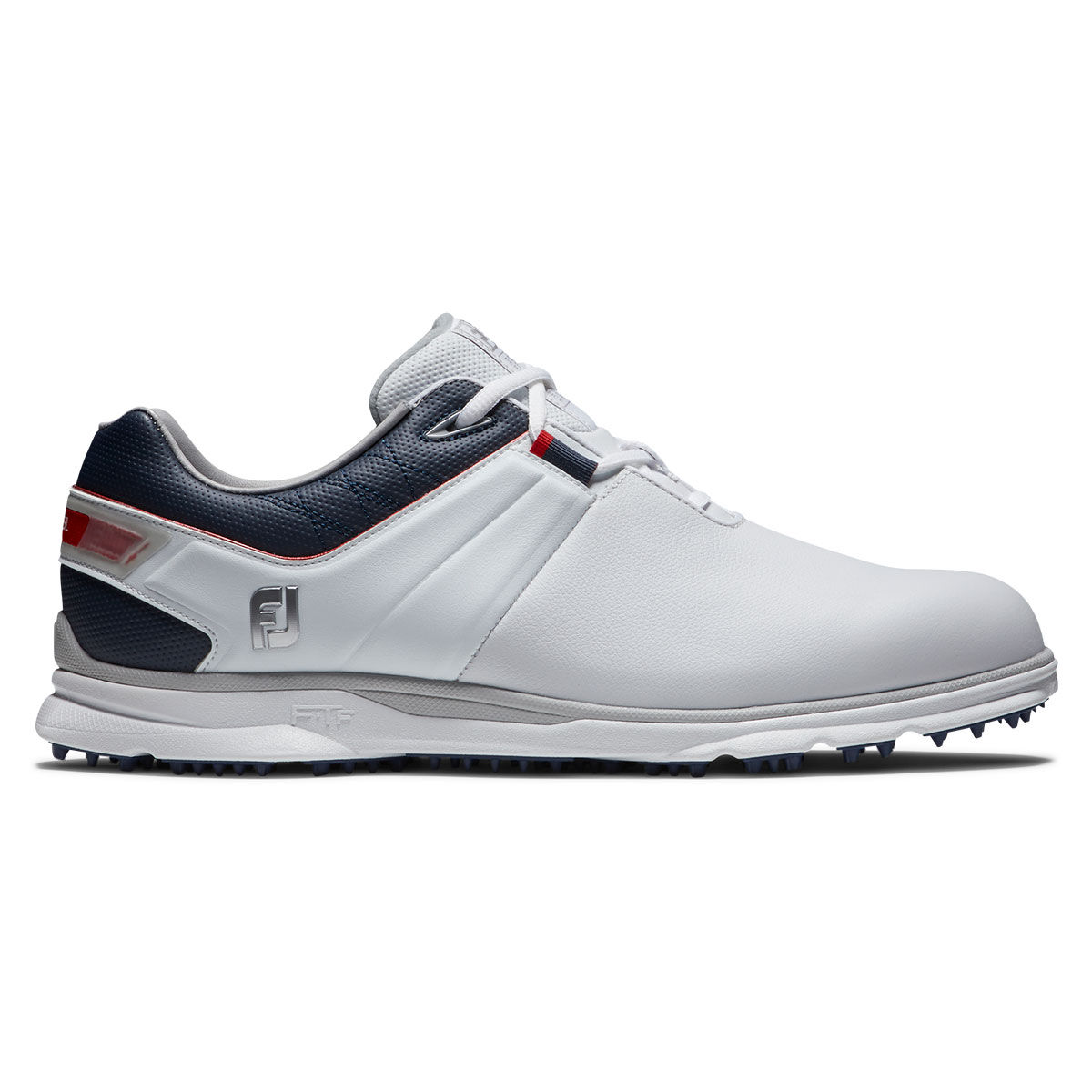 FootJoy Mens White, Navy Blue and Red Pro SL Waterproof Spikeless Regular Fit Golf Shoes, Size: 9.5 | American Golf