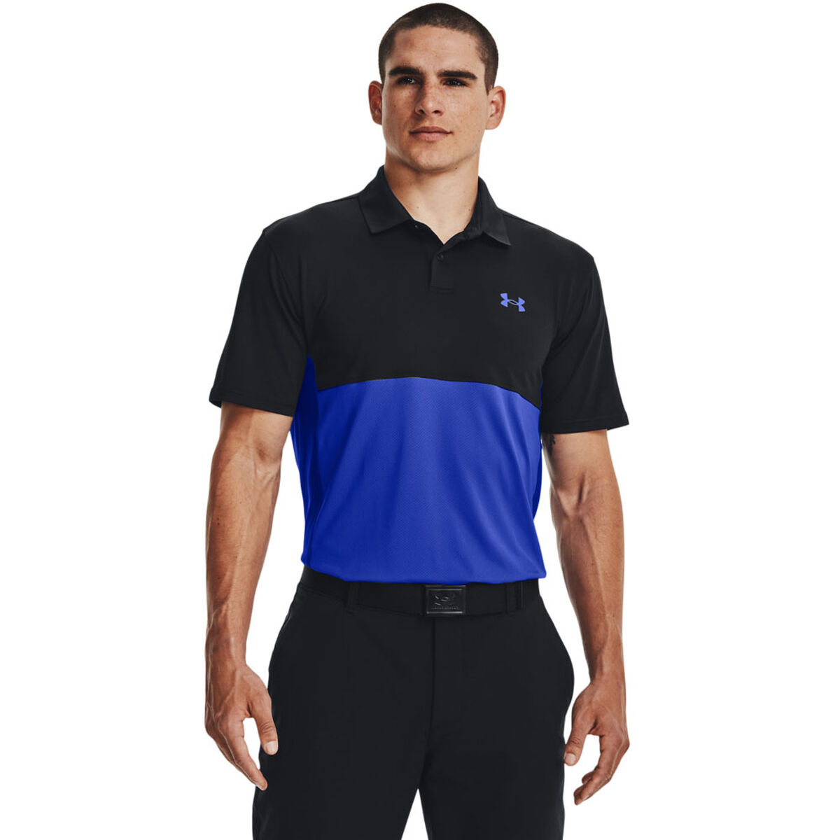 Under Armour Men’s Performance Blocked Stretch Golf Polo Shirt, Mens, Black/versa blue/versa blue, Small | American Golf