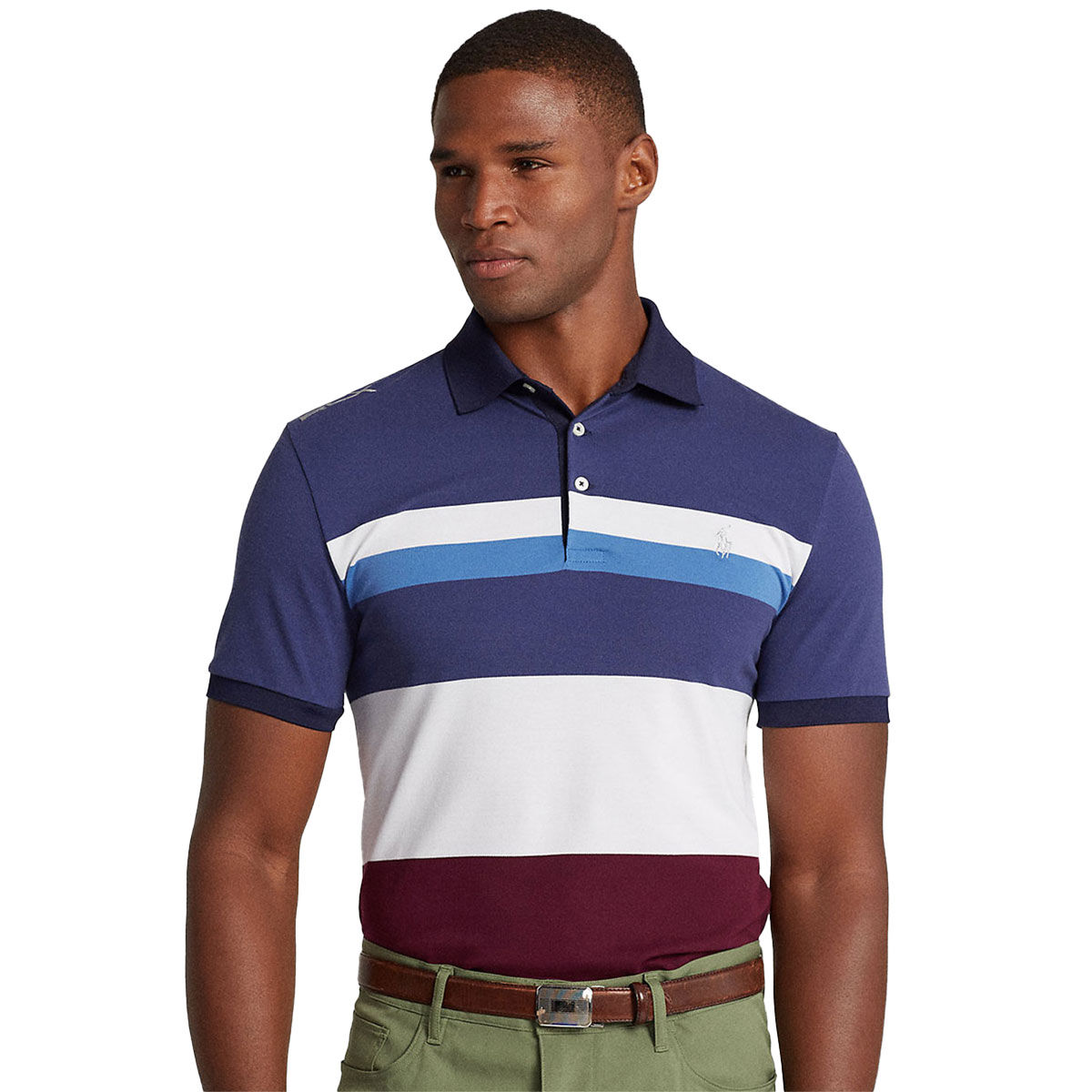 Ralph Lauren Blue, White and Red Embroidered Custom Slim Fit Performance Golf Polo Shirt, Size: Large | American Golf