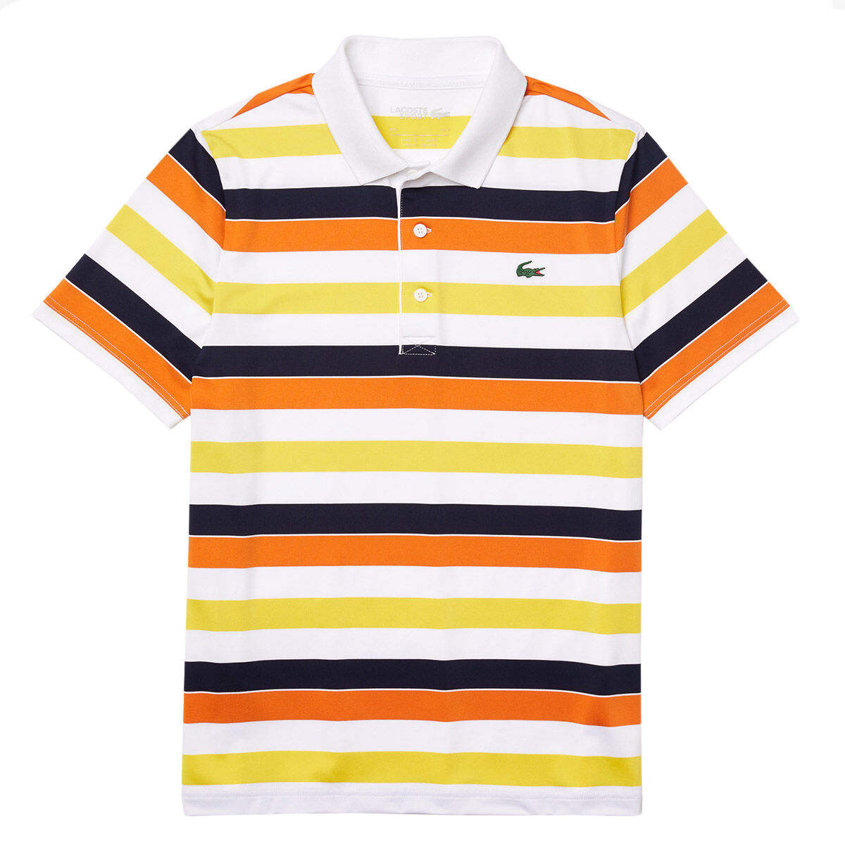 Lacoste Mens White, Navy Blue and Orange Stripe SPORT Breathable Stretch Golf Polo Shirt, Size: Small | American Golf