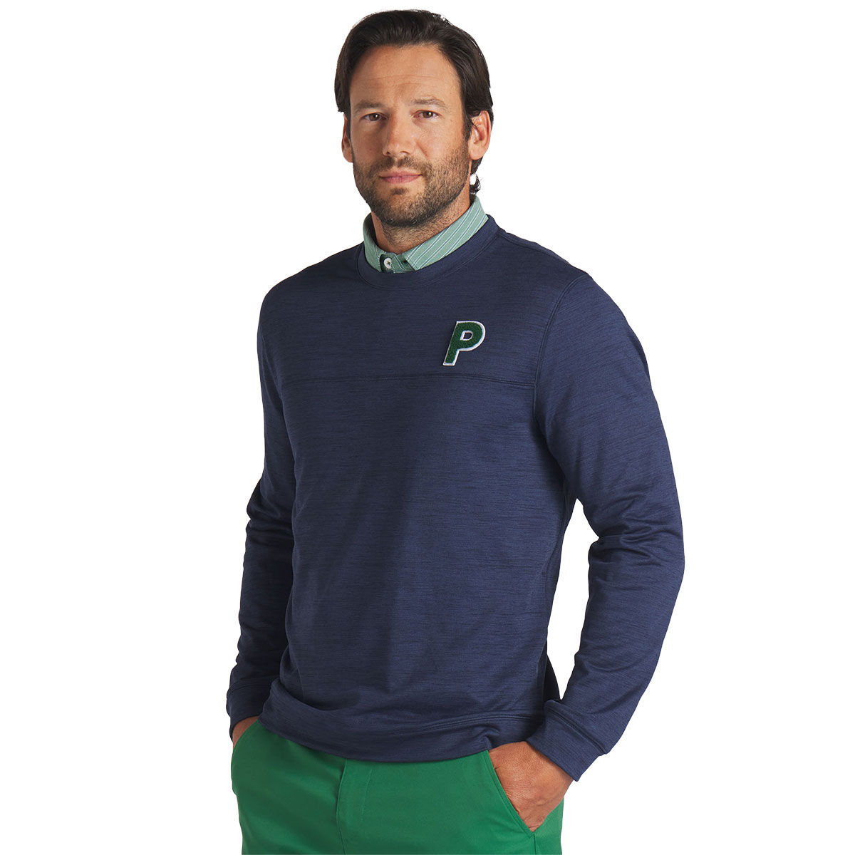PUMA Men’s CLOUDSPUN Patch Crewneck Golf Sweater, Mens, Navy heather, Medium | American Golf