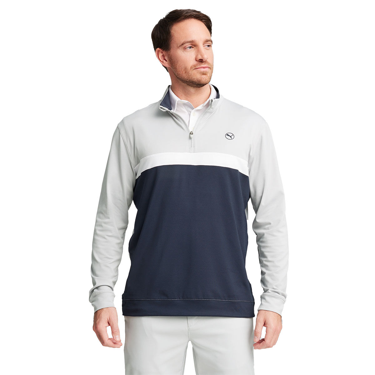 PUMA Men’s Pure Colorblock Quarter Zip Golf Mid Layer, Mens, Ash grey/deep navy, Medium | American Golf