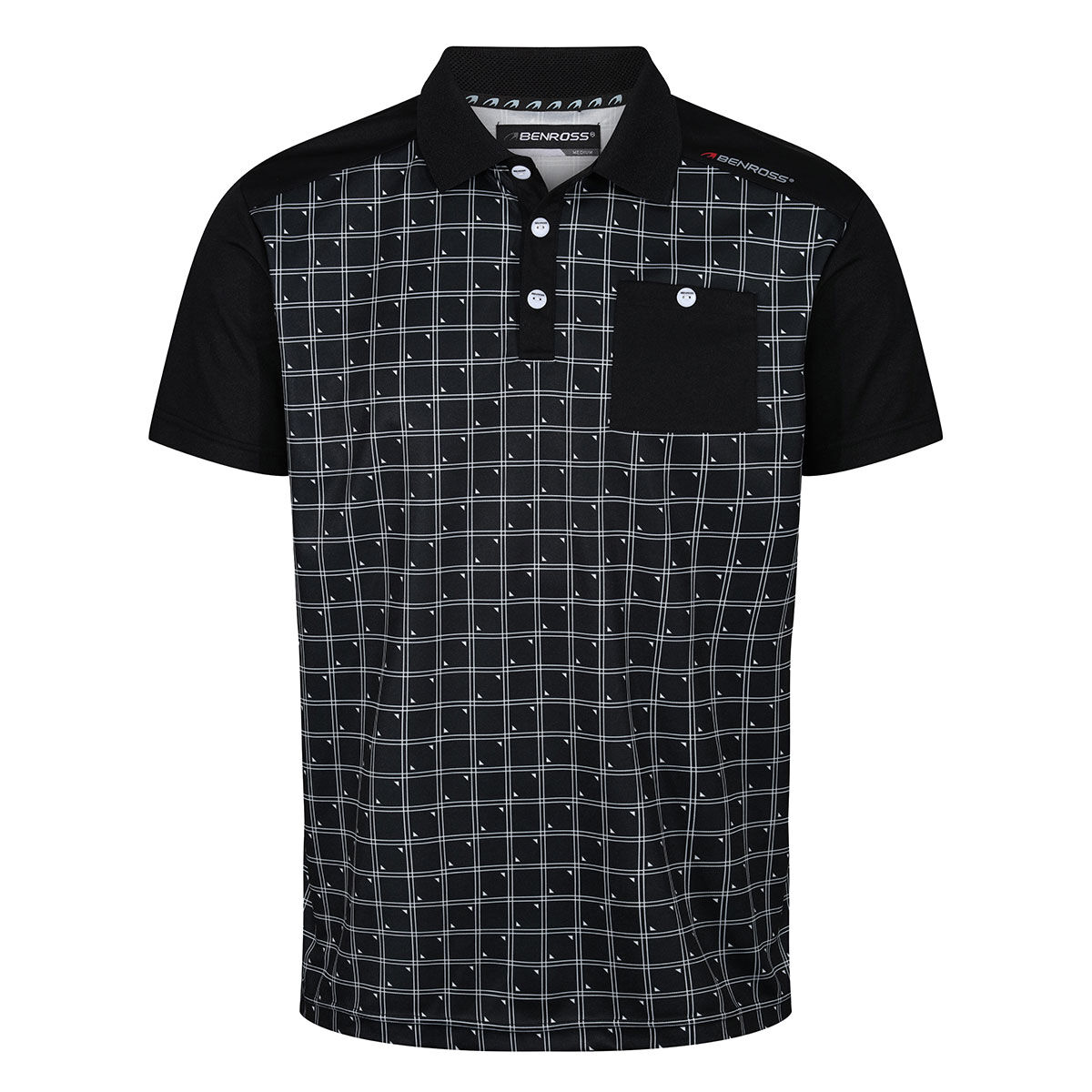 Benross Men’s Grid Print Golf Polo Shirt, Mens, Black, Medium | American Golf