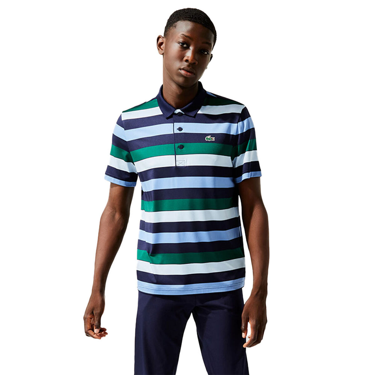 Lacoste Mens Navy Blue and Green Stripe SPORT Breathable Stretch Golf Polo Shirt, Size: Small | American Golf