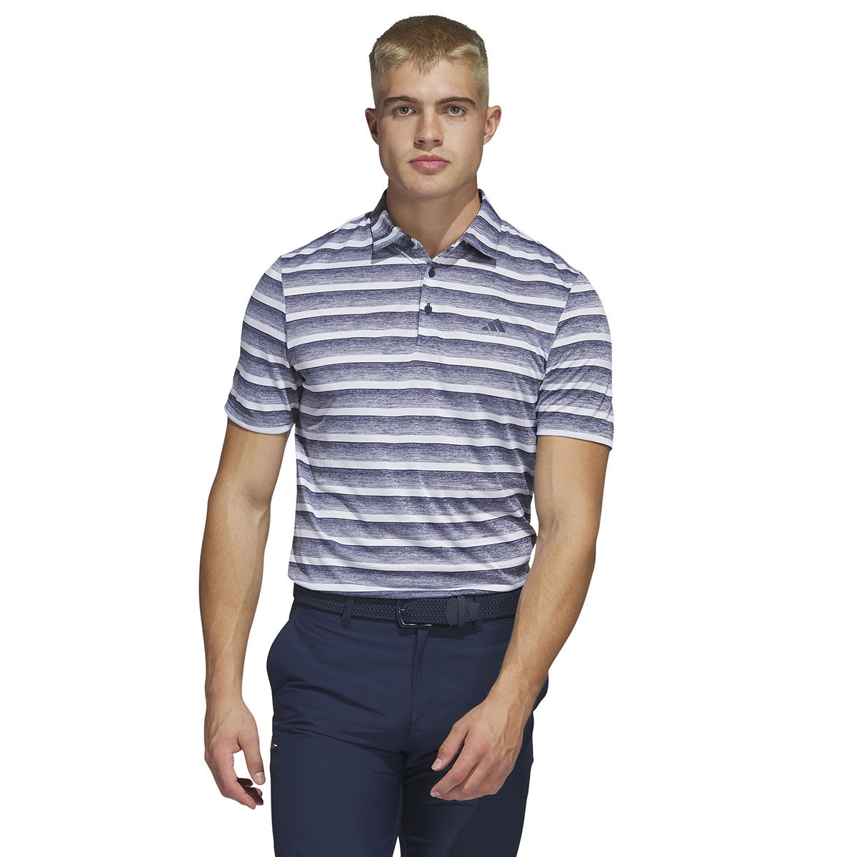 adidas Golf Men’s Navy Blue and White Comfortable Two-Colour Striped Golf Polo Shirt, Size: L | American Golf