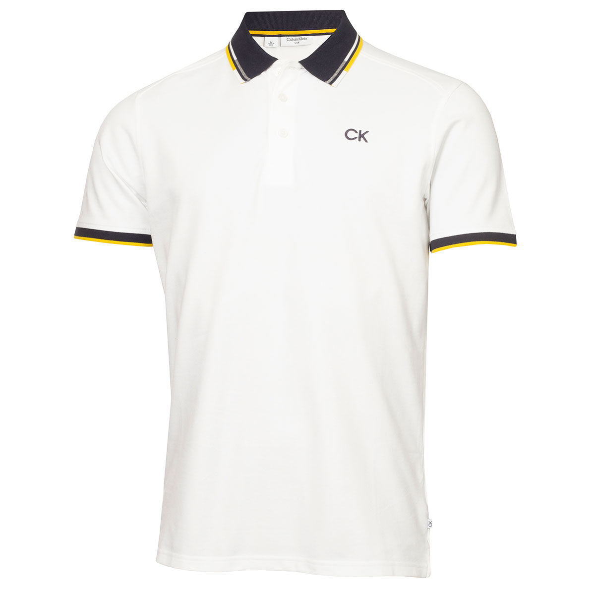 Calvin Klein Mens White, Navy Blue and Yellow Lightweight Embroidered Tipped Golf Polo Shirt, Size: Small | American Golf