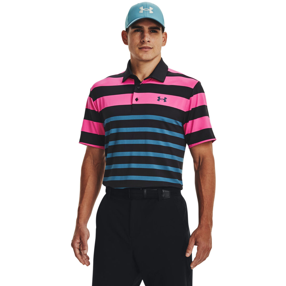 Under Armour Men’s Playoff 3.0 Rugby YD Stripe Golf Polo Shirt, Mens, Black/pink/blue, Medium | American Golf