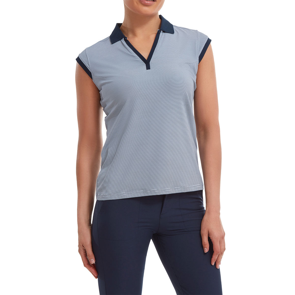 FootJoy Women’s Navy Blue and White Lightweight End on Striped Lisle Golf Polo Shirt, Size: 14 | American Golf