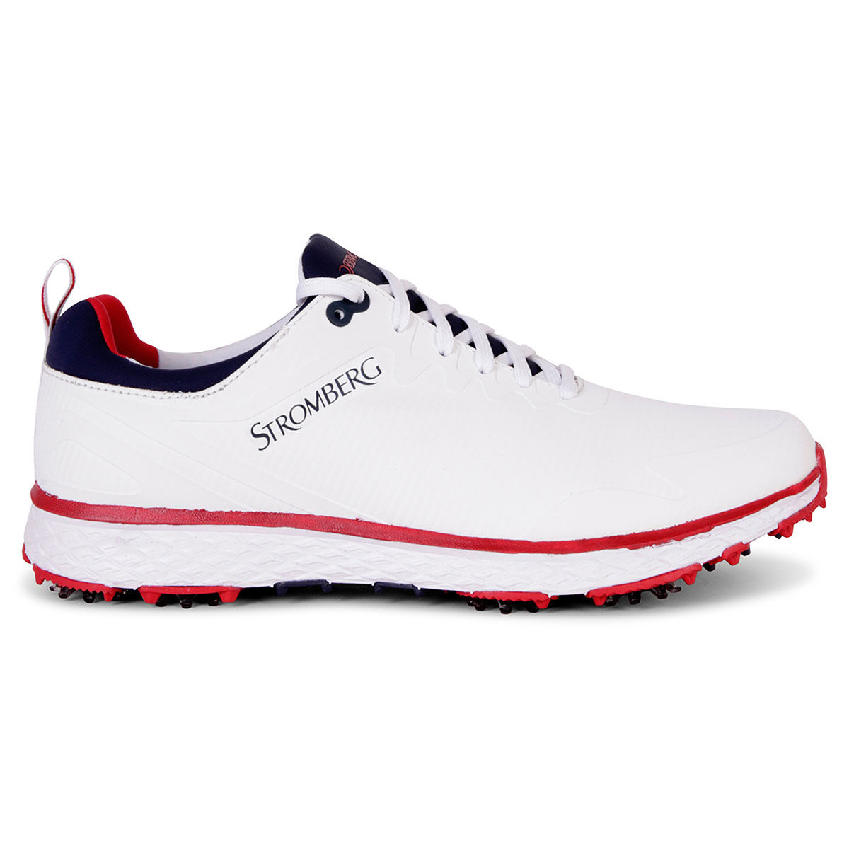 Stromberg Men’s Tempo Waterproof Spiked Golf Shoes, Mens, White/navy/red, 7 | American Golf