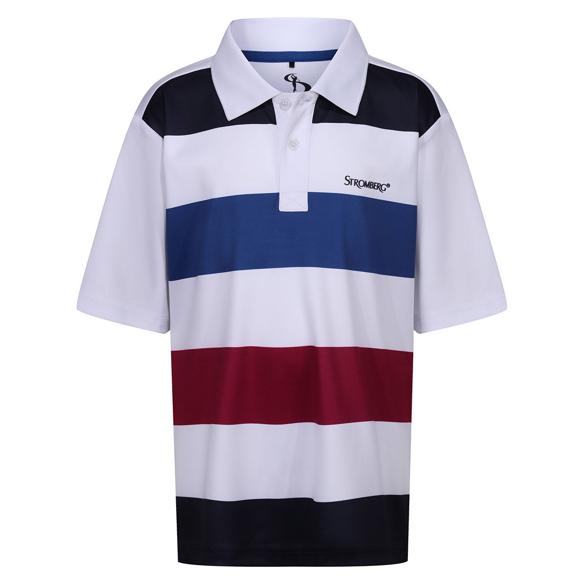 Stromberg Junior Beat Stripe Stretch Golf Polo Shirt, Unisex, White/navy/cherry, 9-10 years | American Golf