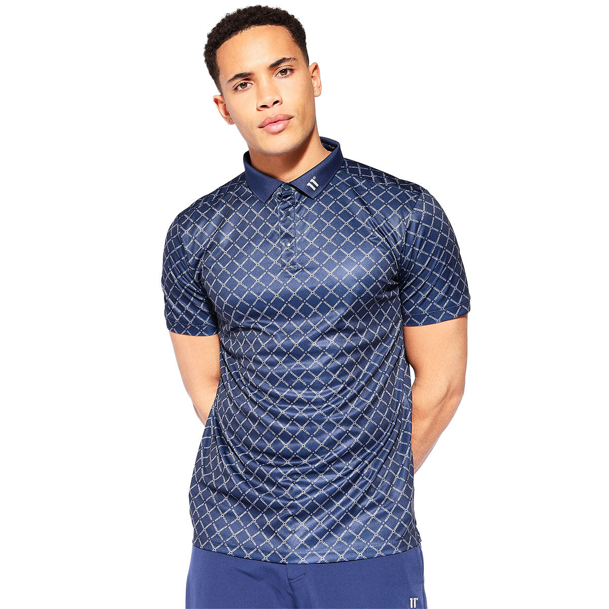 11 Degrees Men’s Over Brand Print Golf Polo Shirt, Mens, Navy blue, Large | American Golf