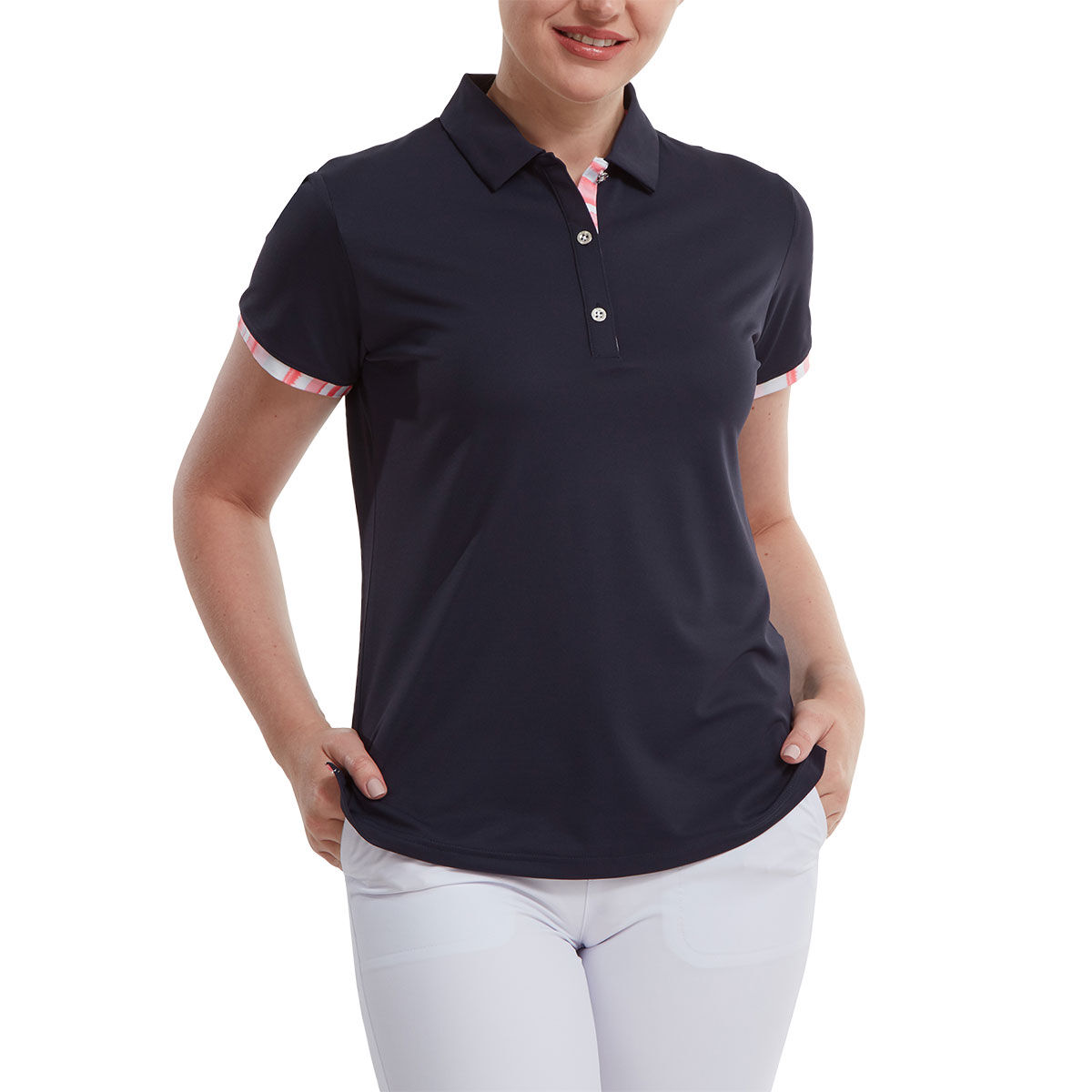 FootJoy Womens Watercolour Trim Pique Golf Polo Shirt, Female, Navy/coral, 10 | American Golf
