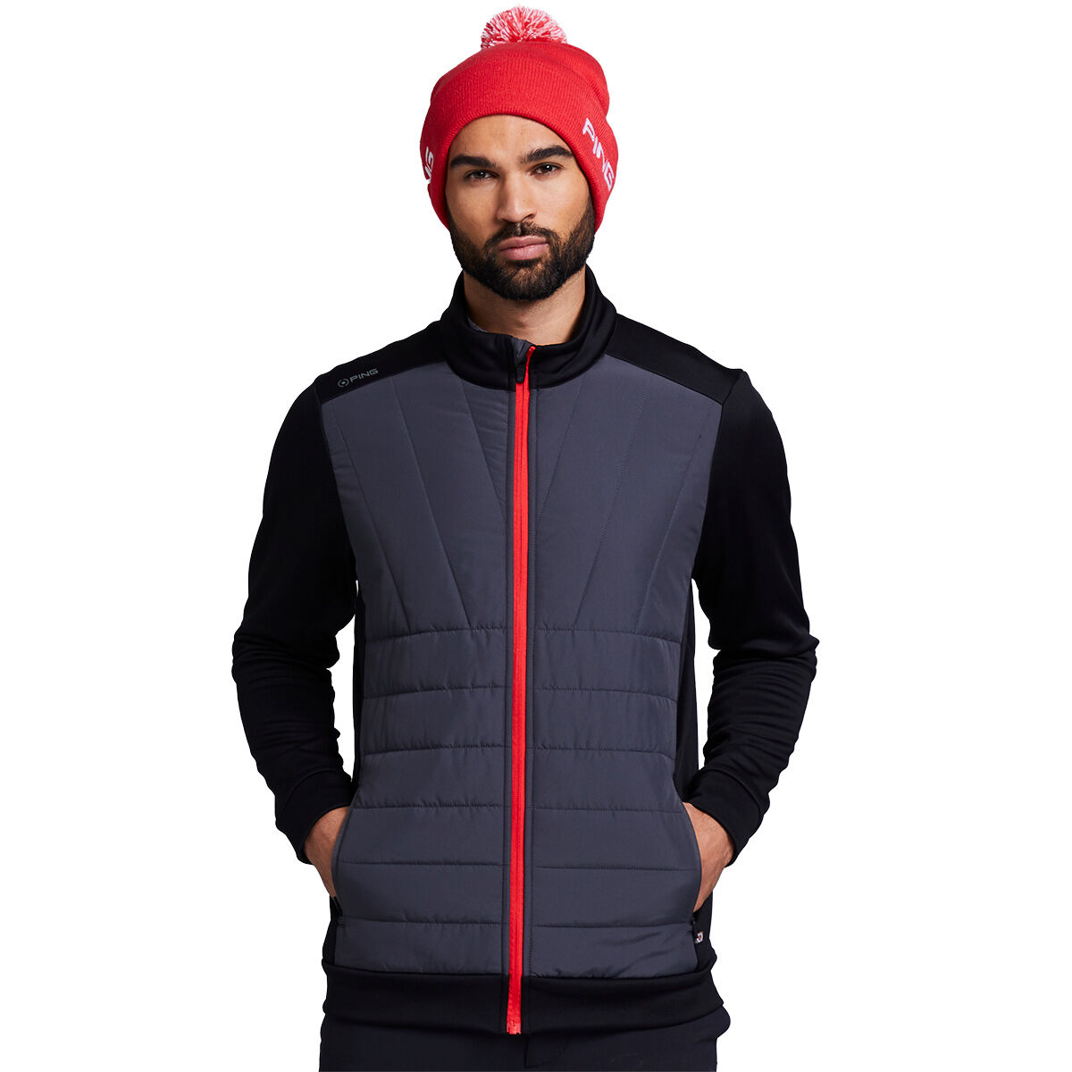 PING Men’s Grey and Black Comfortable Colour Block Vernon Hybrid Golf Jacket, Size: Medium | American Golf