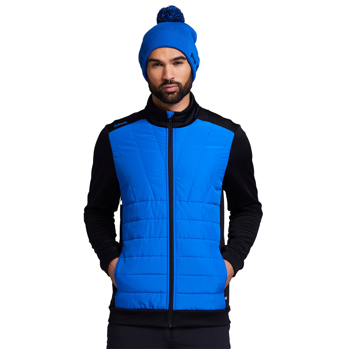 PING Men’s Blue and Black Comfortable Colour Block Vernon Hybrid Golf Jacket, Size: XL | American Golf