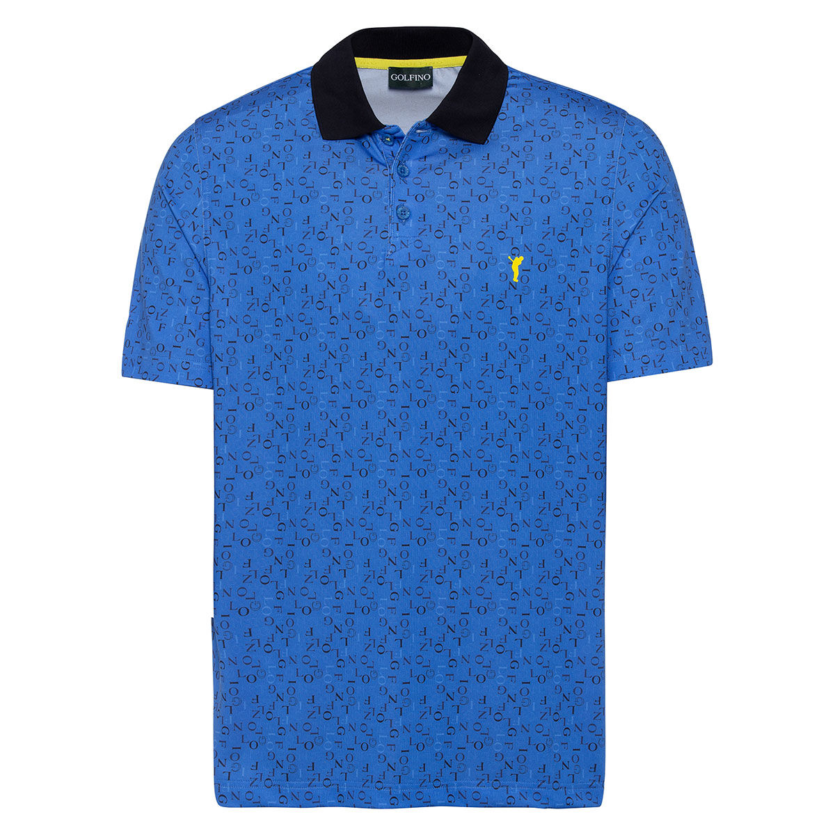 GOLFINO Mens Blue and Yellow Typographic Print Typo All-Over Golf Polo Shirt, Size: Small | American Golf