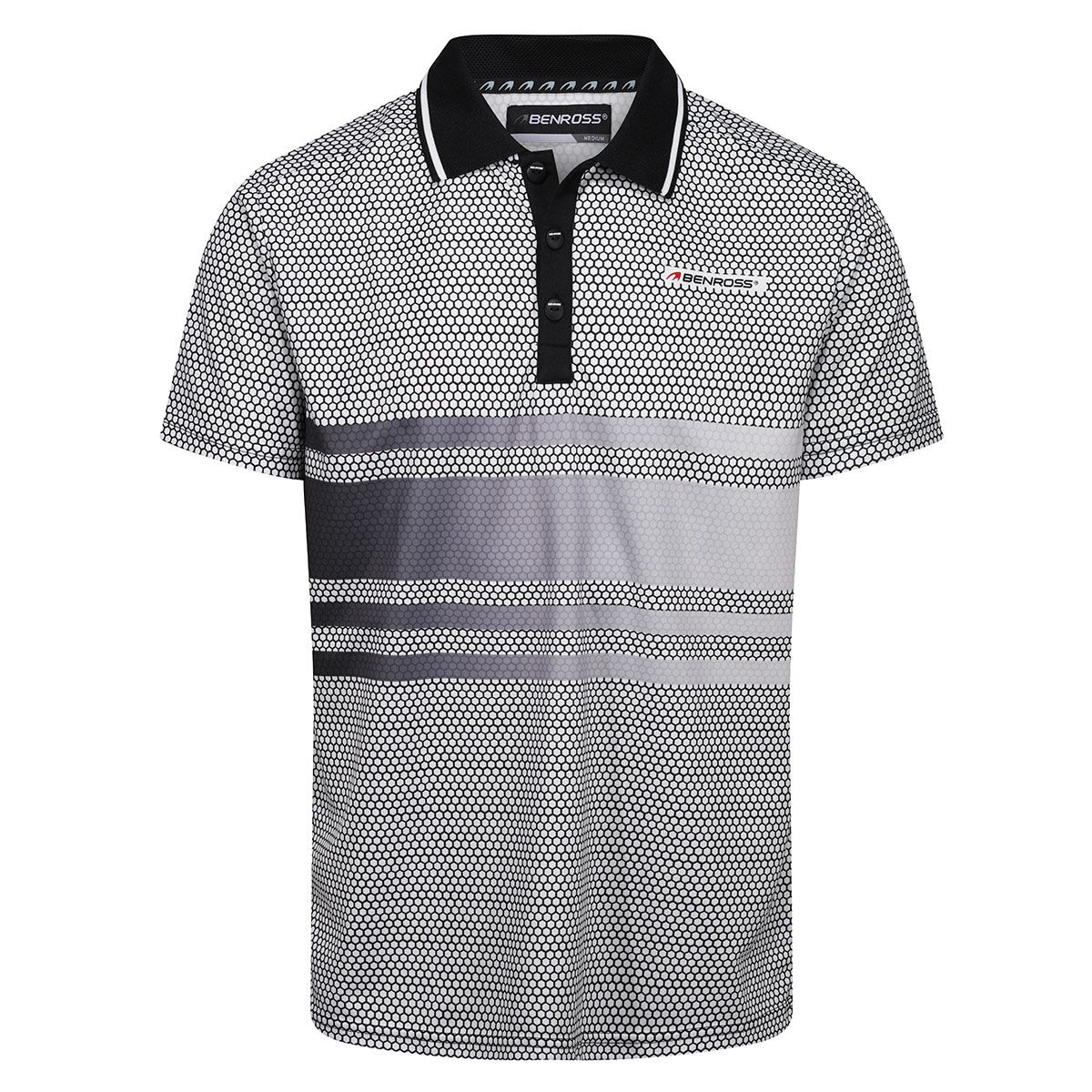 Benross Mens White and Black Hex Print Golf Polo Shirt, Size: Medium | American Golf