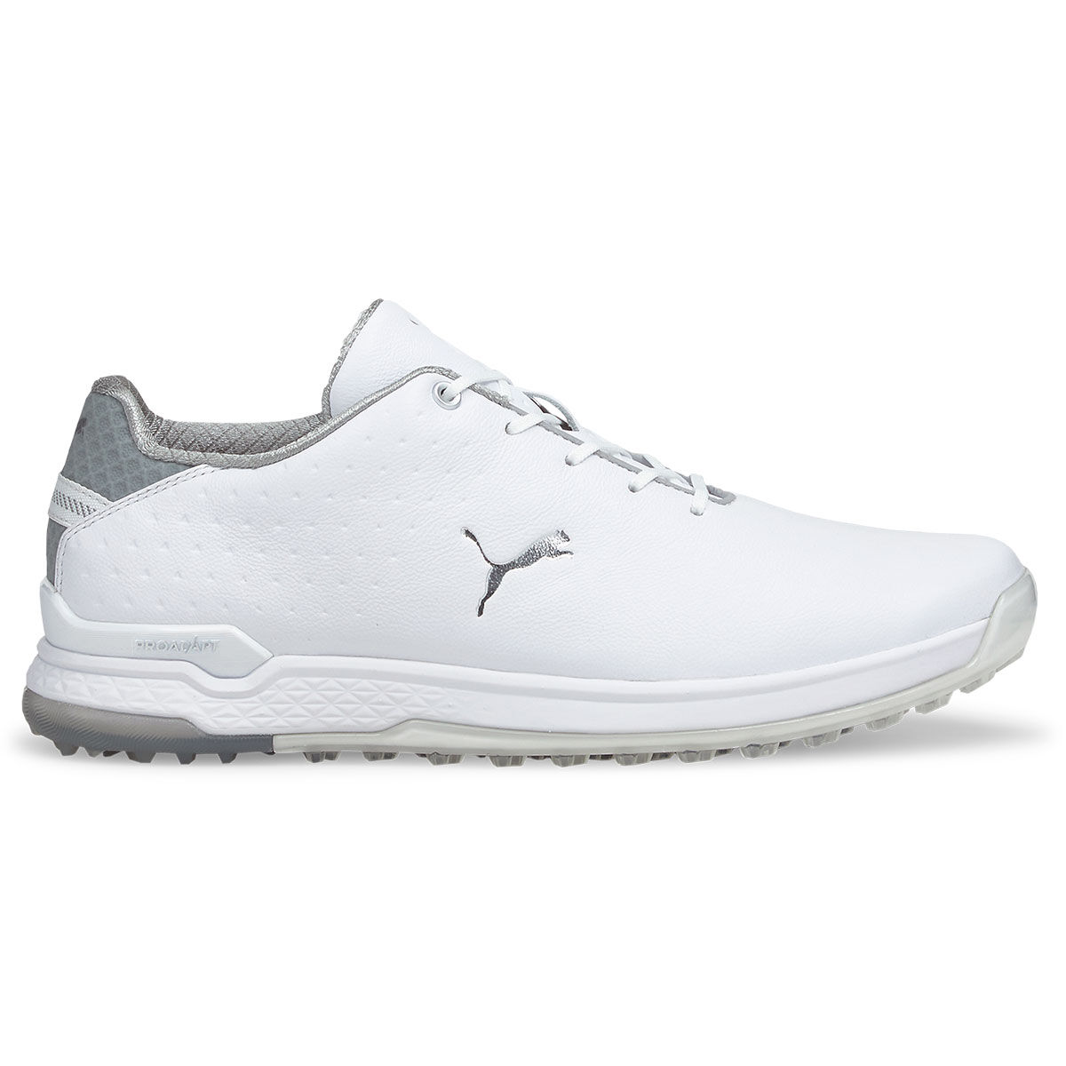 PUMA Men’s PROADAPT ALPHACAT Leather Waterproof Spikeless Golf Shoes, Mens, White/silver, 7 | American Golf