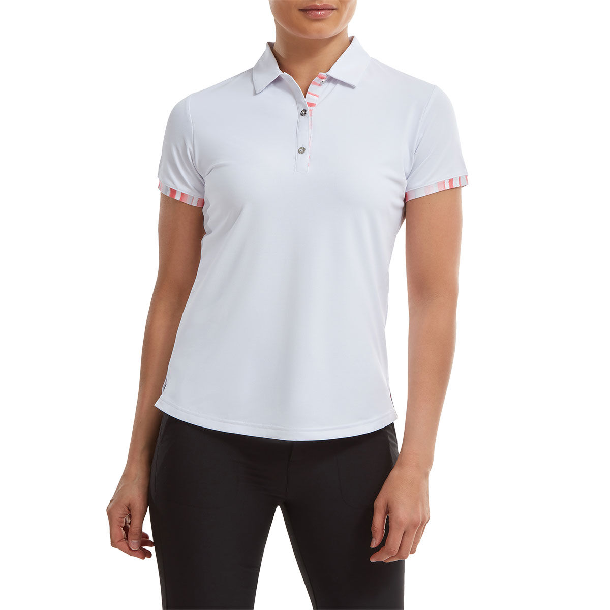 FootJoy Women’s White and Pink Watercolour Trim Pique Golf Polo Shirt, Size: 8 | American Golf