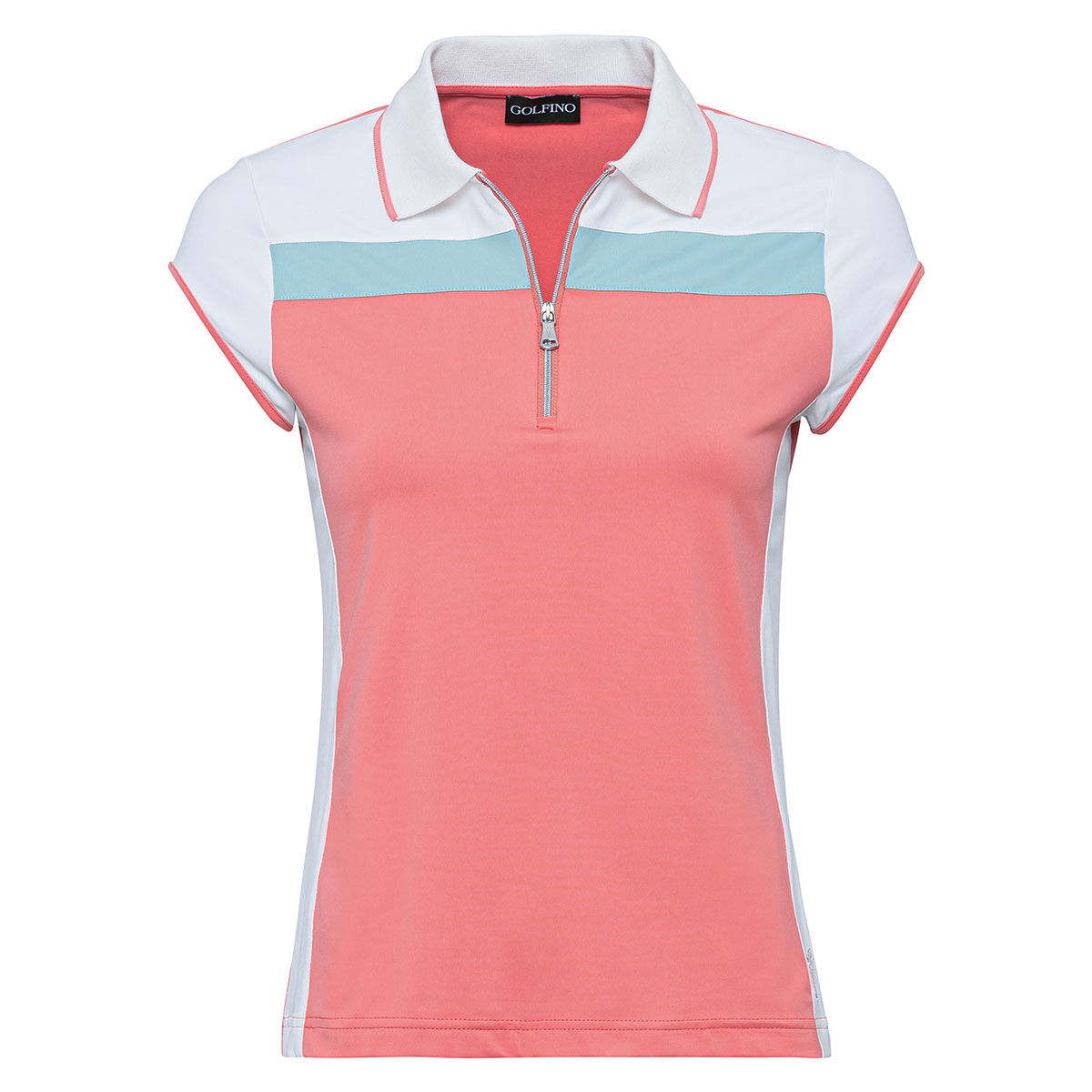 GOLFINO Womens Pink, Green and White Comfortable Colour Block Match Play Cap Sleeve Golf Polo Shirt, Size: 8| American Golf