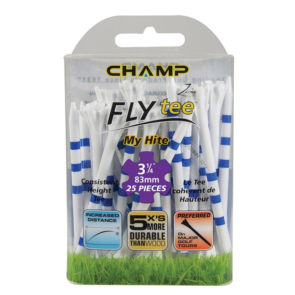 Champ White and Blue Stripe MyHite Fly Pack of 25 Golf Tees, Size: 83mm | American Golf